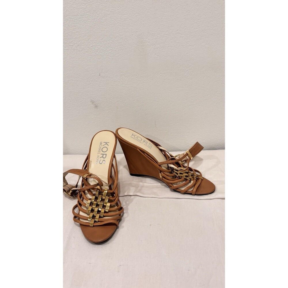 Michael Kors Wedge Sandals Size 8 Brown Leather Strappy Gold Accent Heels - Picture 2 of 11